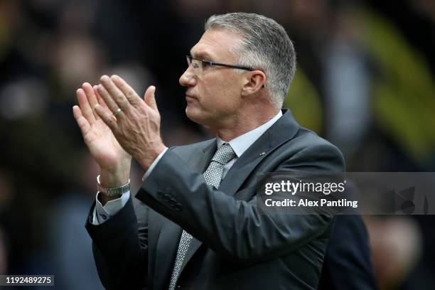 Newly appointed Watford FC manager Nigel Pearson acknowledges the fans as he attends the Premier League match between Watford FC and Crystal Palace...