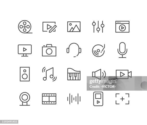 stockillustraties, clipart, cartoons en iconen met video-, beeld-en muziek pictogrammen-classic line series - the piano film