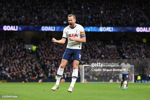 Harry Kane of Tottenham Hotspur celebrates after scoring his team's first goal during the Premier League match between Tottenham Hotspur and Burnley...