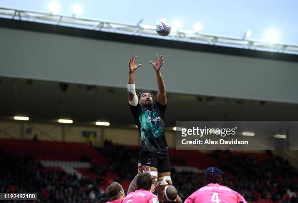 Chris Vui of Bristol Bears wins the ball in the lineout during the European Rugby Challenge Cup Round 3 match between Bristol Bears and Stade...