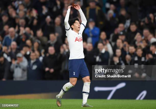 Heung-Min Son of Tottenham Hotspur celebrates after scoring his team's third goal during the Premier League match between Tottenham Hotspur and...