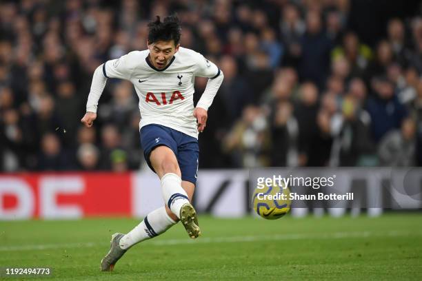 Heung-Min Son of Tottenham Hotspur scores his team's third goal during the Premier League match between Tottenham Hotspur and Burnley FC at Tottenham...
