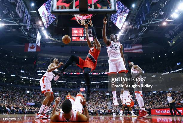 Hassan Whiteside of the Portland Trail Blazers dunks the ball during the first half of an NBA game against the Toronto Raptors at Scotiabank Arena on...