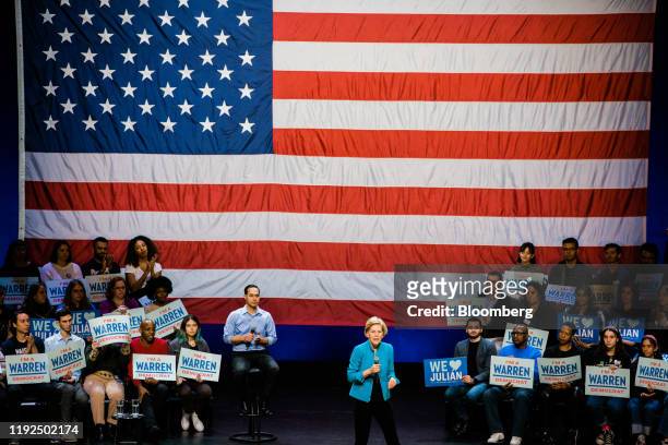 Senator Elizabeth Warren, a Democrat from Massachusetts and 2020 presidential candidate, speaks on stage during a campaign event in the Brooklyn...