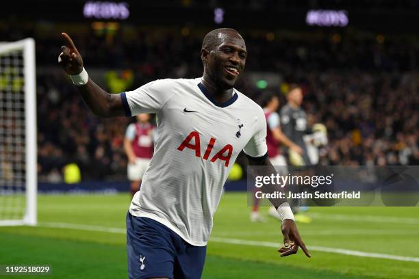 Moussa Sissoko of Tottenham Hotspur celebrates after scoring his team's fifth goal during the Premier League match between Tottenham Hotspur and...