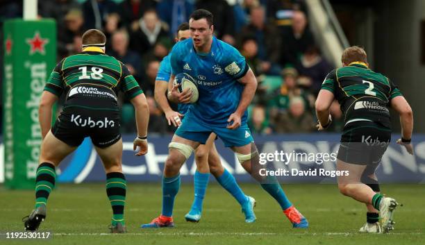 James Ryan of Leinster runs with the ball during the Heineken Champions Cup Round 3 match between Northampton Saints and Leinster Rugby at Franklin's...