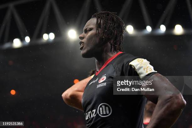 Maro Itoje of Saracens reacts at the final whistle following his side's defeat during the Heineken Champions Cup Round 3 match between Munster Rugby...