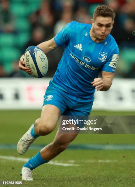 Jordan Larmour of Leinster runs with the ball during the Heineken Champions Cup Round 3 match between Northampton Saints and Leinster Rugby at...