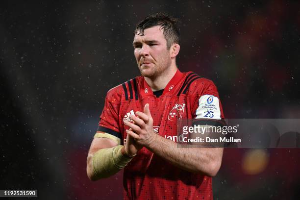 Peter O'Mahony of Munster applauds the fans following his side's victory during the Heineken Champions Cup Round 3 match between Munster Rugby and...