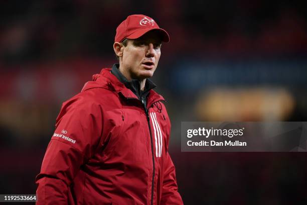 Stephen Larkham, Senior Coach of Munster looks on prior to the Heineken Champions Cup Round 3 match between Munster Rugby and Saracens at Thomond...