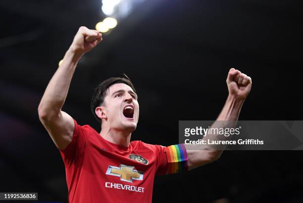 Harry Maguire of Manchester United celebrates victory at the end of the match during the Premier League match between Manchester City and Manchester...