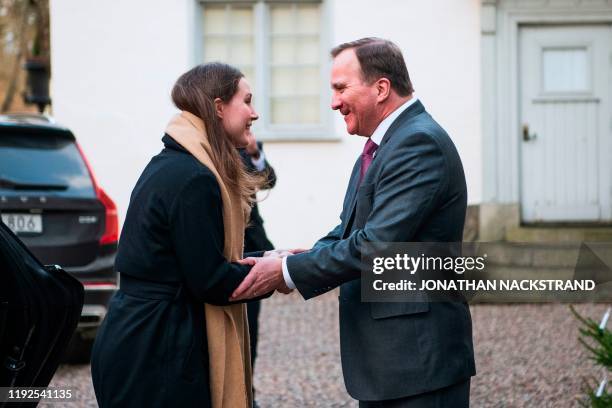 Swedish Prime Minister Stefan Lofven welcomes Finnish Prime Minister Sanna Marin at the retreat residence of the Swedish Prime Minister in Harpsund...