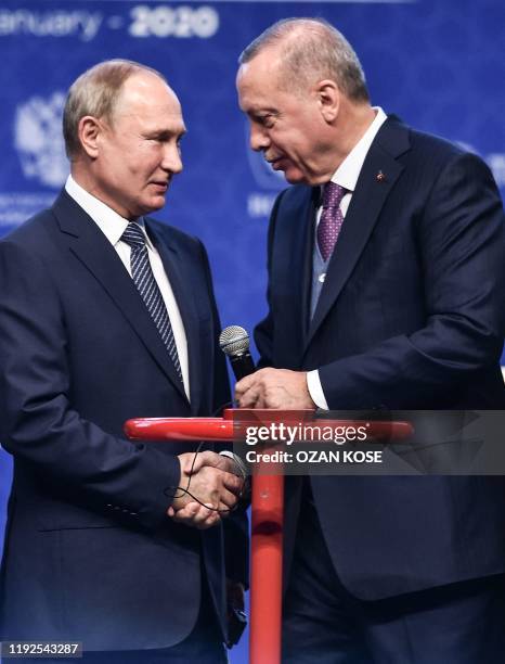 Turkish President Recep Tayyip Erdogan and Russian President Vladimir Putin attend an inauguration ceremony of a new gas pipeline "TurkStream" on...