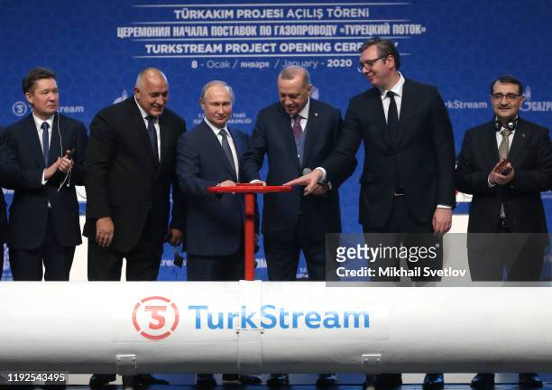 Of Gazprom Alexei Miller, Bulgarian Prime Minister Boyko Borissov, Russian President Vladimir Putin, Turkish President Recep Tayyip Erdogan and...