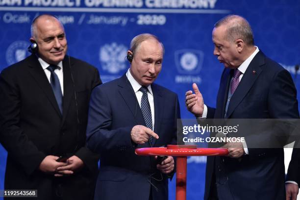 Prime Minister of Bulgaria Boyko Borisov , Russian President Vladimir Putin and Turkish President Recep Tayyip Erdogan attend an inauguration...