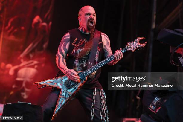 Guitarist Kerry King of American thrash metal group Slayer performing live on stage during Download Festival at Donington Park, on June 16, 2019.