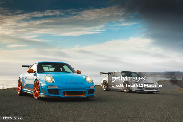 Pair of custom-tuned Porsche 911 sports cars, including a 2011 997.2 GT3 RS and 2007 997.1 GT3, photographed near Fremont, California on October 1,...