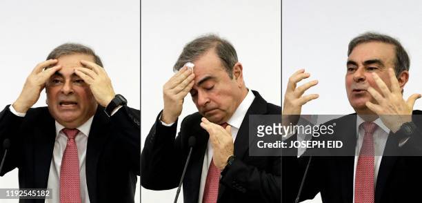 This combination of pictures created on January 08, 2020 shows former Renault-Nissan boss Carlos Ghosn gesturing as he addresses a large crowd of...