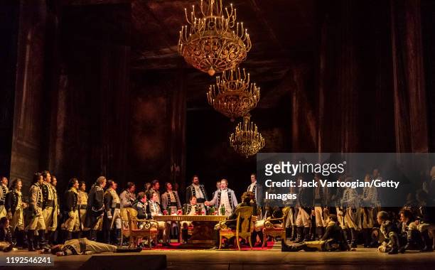 The cast perform in a scene during the final dress rehearsal prior to the season revival of the Metropolitan Opera/Elijah Moshinsky production of...