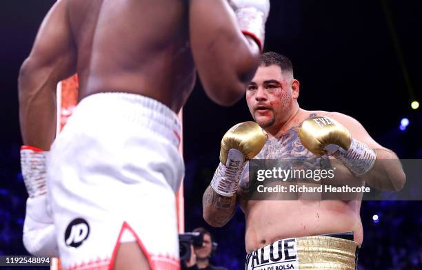 Andy Ruiz Jr in action with a cut to his left eye during the IBF, WBA, WBO & IBO World Heavyweight Title Fight between Andy Ruiz Jr and Anthony...