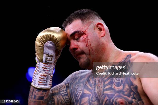 Andy Ruiz Jr reacts with a cut to his left eye during the IBF, WBA, WBO & IBO World Heavyweight Title Fight between Andy Ruiz Jr and Anthony Joshua...