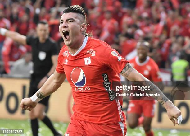 Michael Rangel of America celebrates after scoring the first goal of his team during the second leg final match of the Torneo Clausura Liga Aguila...