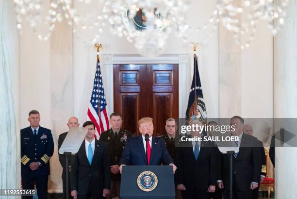 President Donald Trump speaks about the situation with Iran in the Grand Foyer of the White House in Washington, DC, January 8, 2020. US President...