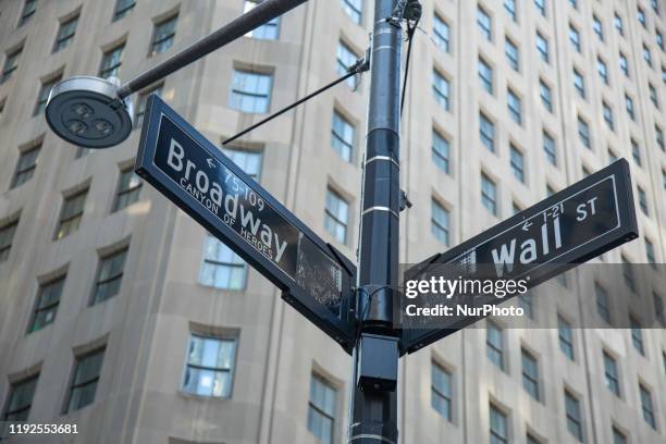 Wall Street sign inscription as seen on various buildings, Wall St address, Downtown in lower Manhattan is a significant road and area district for...