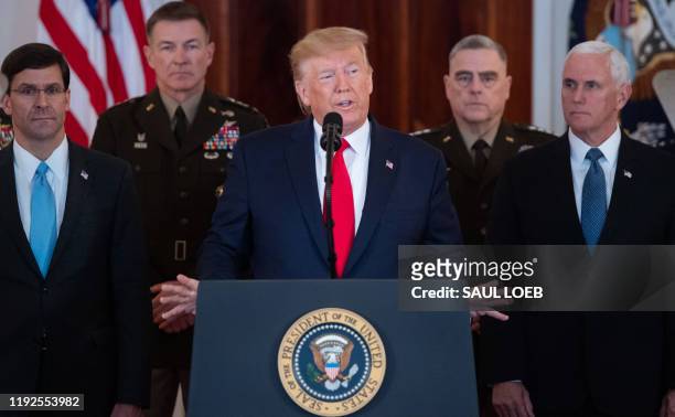 President Donald Trump speaks about the situation with Iran in the Grand Foyer of the White House in Washington, DC, January 8, 2020.