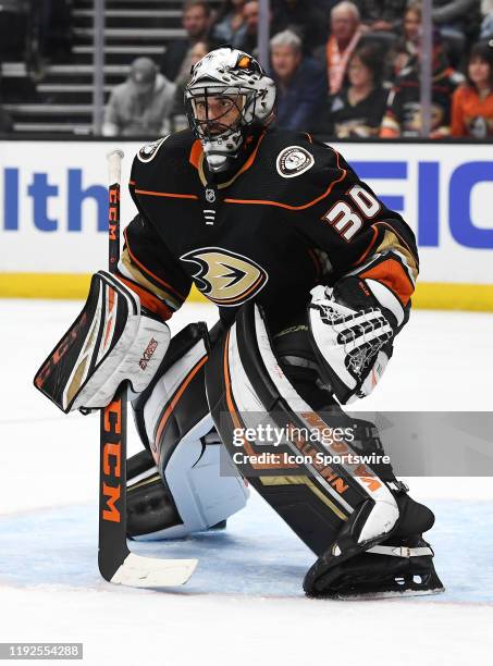 Anaheim Ducks goalie Ryan Miller in goal during the second period of a game against the Columbus Blue Jackets played on January 7, 2019 at the Honda...