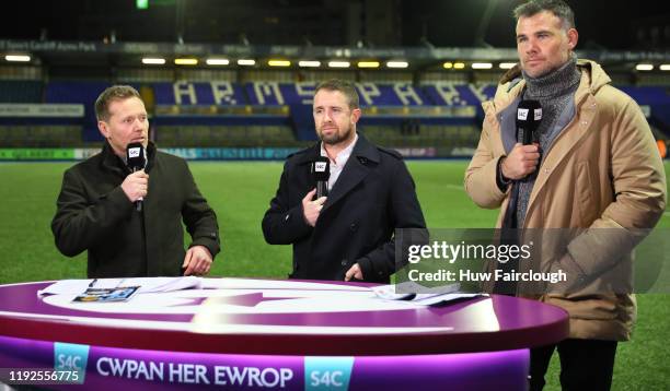 Rhys Ap Williams, Shane Williams, Mike Phillips being interviewed following the European Rugby Challenge Cup Round 3 match between Cardiff Blues and...