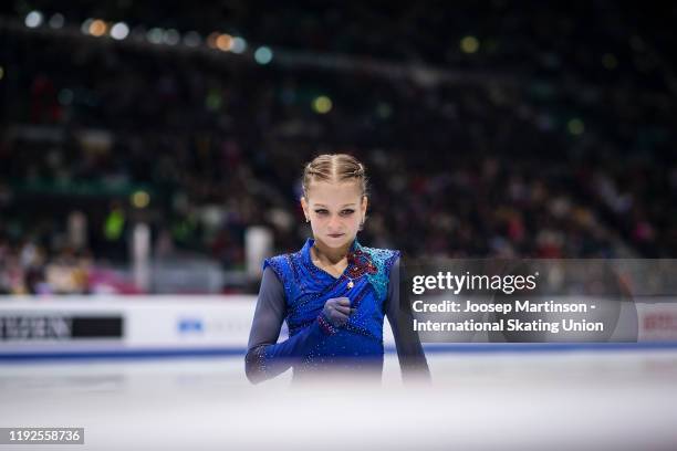 Alexandra Trusova of Russia reacts in the Ladies Free Skating during the ISU Grand Prix of Figure Skating Final at Palavela Arena on December 07,...