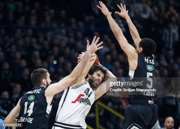 Milos Teodosic of Virtus Bologna is challenged by Stefan Bircevic and Marcus Paige of Partizan during the 2019/2020 Turkish Airlines EuroLeague...