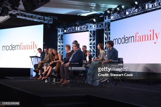 The cast and producer of ABC's "Modern Family" address the press at the ABC Winter TCA 2020, at The Langham Huntington Hotel in Pasadena, CA. JULIE...