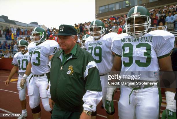 Closeup of Michigan State head coach George Perles on field with team before game vs Boston College at Alumni Stadium. Boston, MA 9/26/1992 CREDIT:...