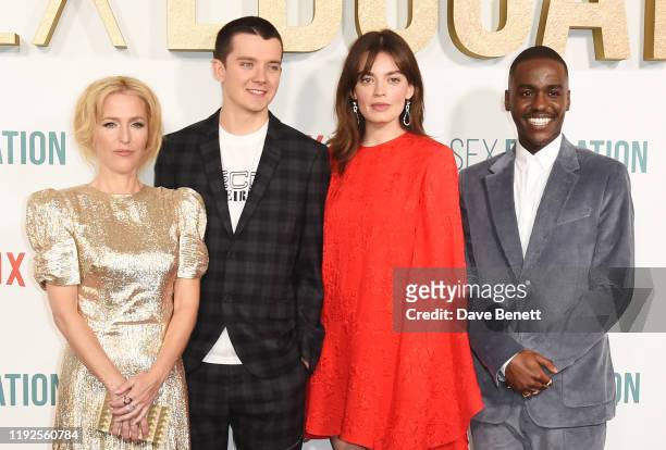 Gillian Anderson, Asa Butterfield, Emma Mackey and Ncuti Gatwa attend the World Premiere of Netflix's "Sex Education" Season 2 at The Genesis Cinema...