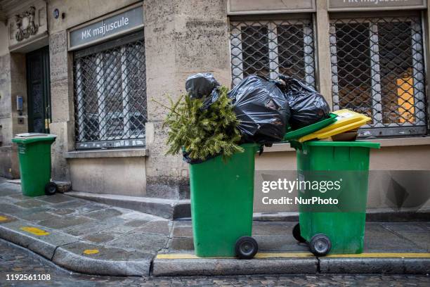 Paris, France, January 7, 2020. A Christmas tree is placed in a trash can in the 4th arrondissement. Many Christmas trees are abandoned in the...