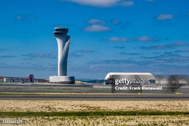 The air traffic control tower at the new Istanbul Airport, designed by Pininfarina.