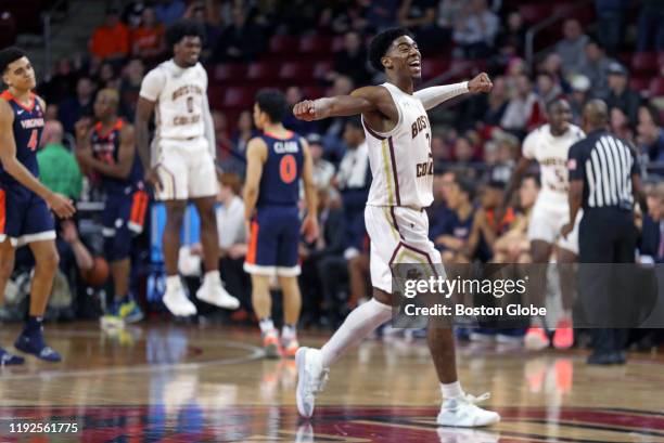 Boston College Eagles' Jared Hamilton celebrates after the Eagles got possession of an out-of-bounds ball, sealing their victory. The Boston College...