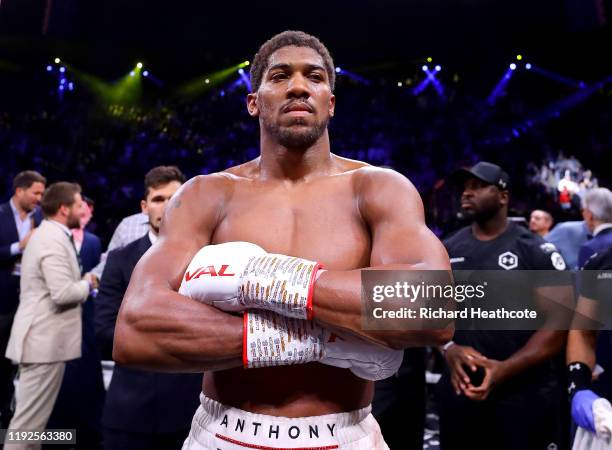 Anthony Joshua celebrates victory over Andy Ruiz Jr during the IBF, WBA, WBO & IBO World Heavyweight Title Fight between Andy Ruiz Jr and Anthony...