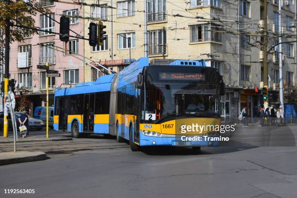 modern trolleybus on a street - sofia stock pictures, royalty-free photos & images
