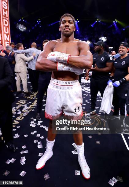 Anthony Joshua celebrates victory over Andy Ruiz Jr during the IBF, WBA, WBO & IBO World Heavyweight Title Fight between Andy Ruiz Jr and Anthony...