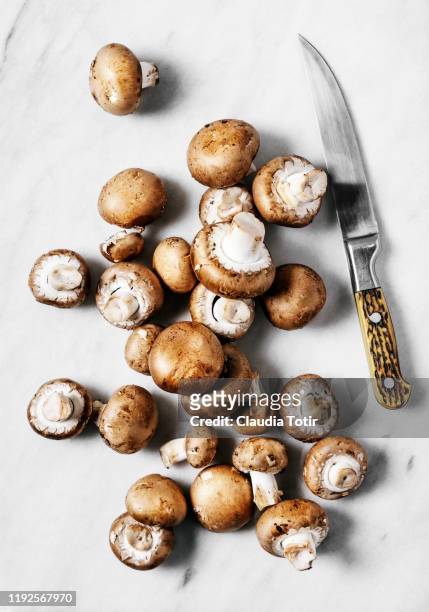 baby bella mushrooms on marble cutting board - paddenstoel stockfoto's en -beelden