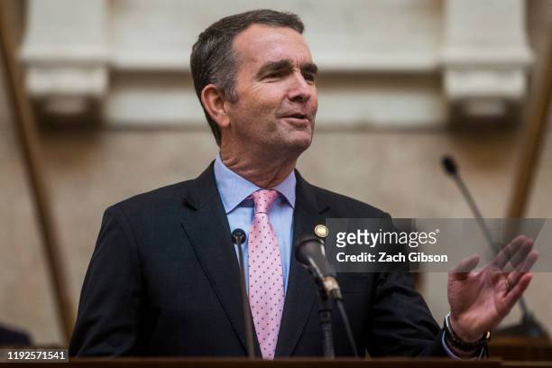 Gov. Ralph Northam delivers the State of the Commonwealth address at the Virginia State Capitol on January 8, 2020 in Richmond, Virginia. The 2020...
