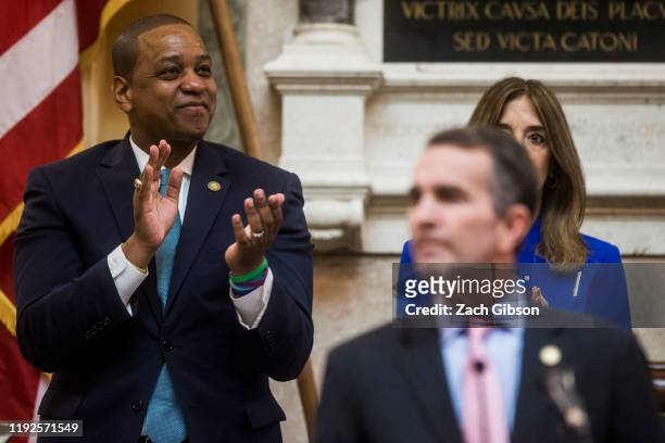 Lt. Gov. Justin Fairfax applauds as Gov. Ralph Northam delivers the State of the Commonwealth address at the Virginia State Capitol on January 8,...