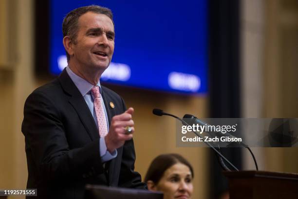 Gov. Ralph Northam delivers the State of the Commonwealth address at the Virginia State Capitol on January 8, 2020 in Richmond, Virginia. The 2020...