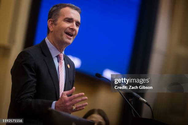 Gov. Ralph Northam delivers the State of the Commonwealth address at the Virginia State Capitol on January 8, 2020 in Richmond, Virginia. The 2020...