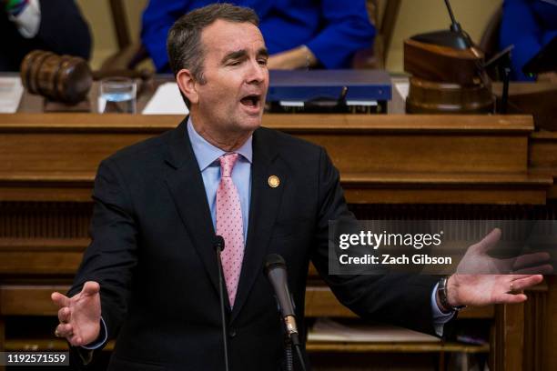 Gov. Ralph Northam delivers the State of the Commonwealth address at the Virginia State Capitol on January 8, 2020 in Richmond, Virginia. The 2020...