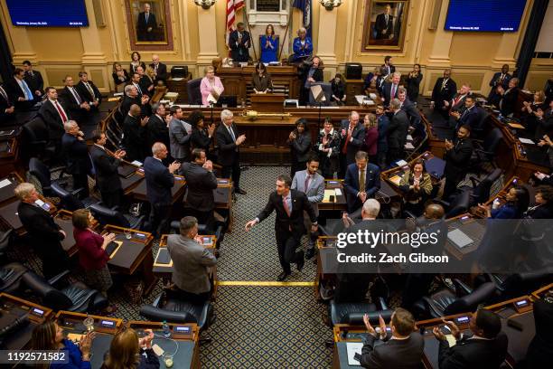 Gov. Ralph Northam departs after delivering the State of the Commonwealth address at the Virginia State Capitol on January 8, 2020 in Richmond,...