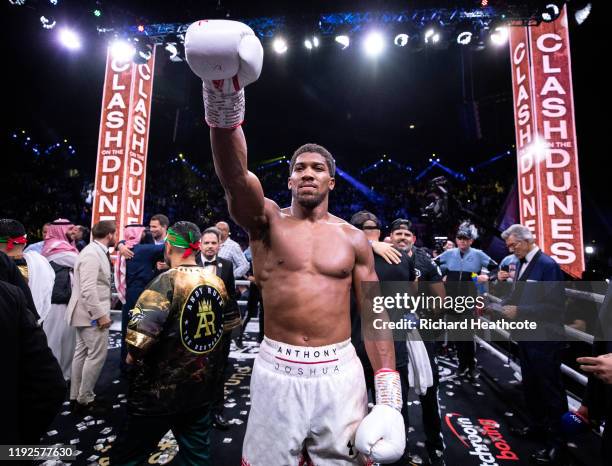 Anthony Joshua celebrates victory over Andy Ruiz Jr during the IBF, WBA, WBO & IBO World Heavyweight Title Fight between Andy Ruiz Jr and Anthony...